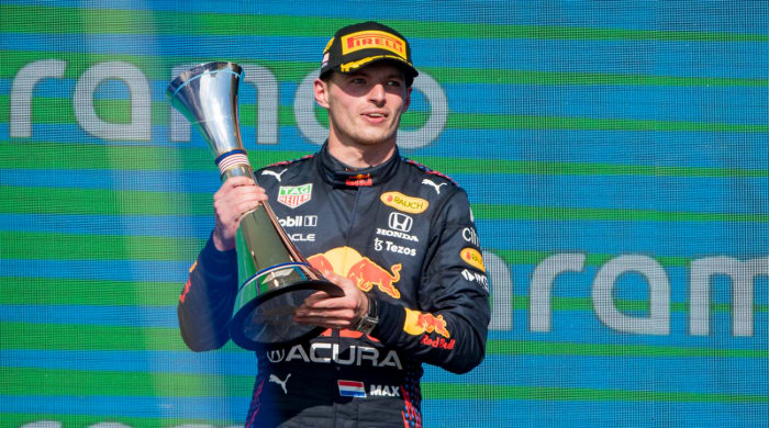 Max Verstappen celebrates his win at the US Grand Prix.